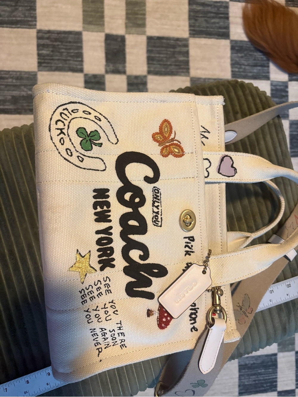 Coach Cream Canvas Tote with Embroidered Graphic Accents